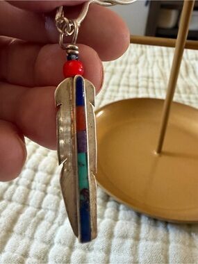 Native Multicolor Feather Inlay Necklace with Red Bead-vintage